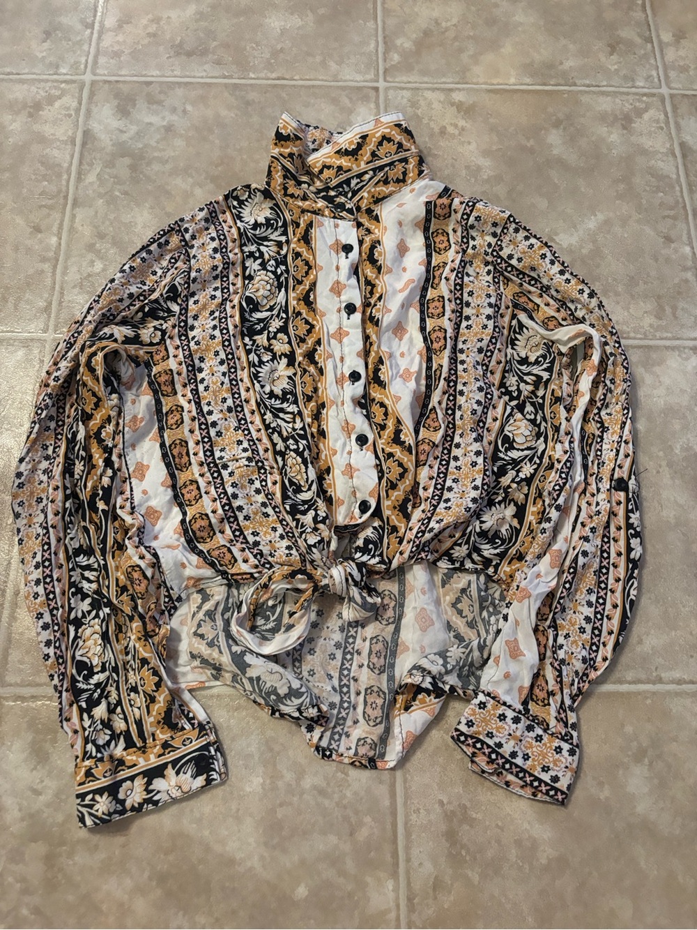 J for Justify Multicolor Patterned Button-Down Shirt — Black, White & Gold Tones